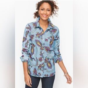 Talbots Paisley Floral Chambray Button Down Shirt Women XS Blue Long Sleeve Boho
